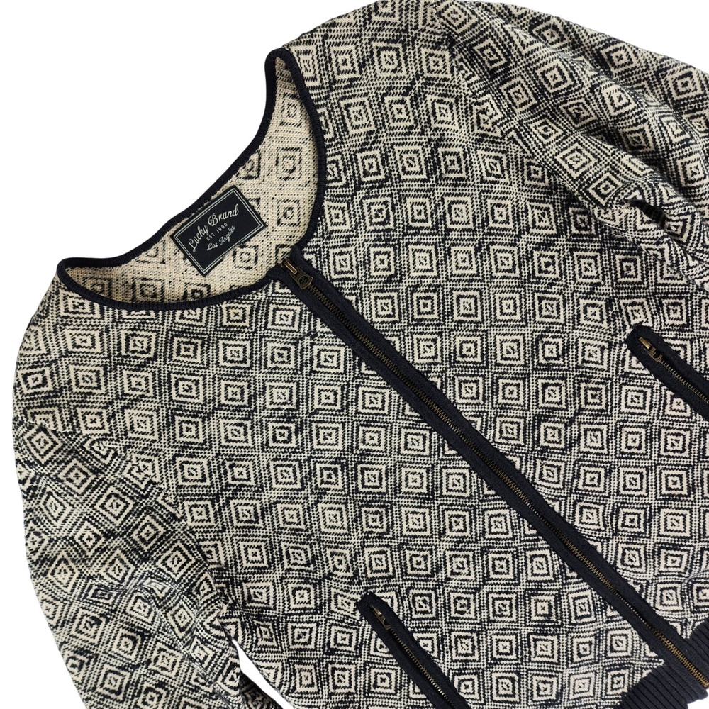 Lucky Brand Cardigan Women L Black Cream Geometric Full Zip Cotton Knit Sweater